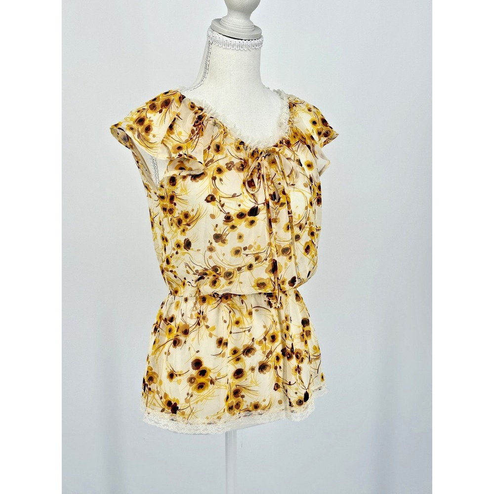 Y2K Boho Floral Peasant Yellow Blouse Lace Trim Sheer Top Women's Size Small